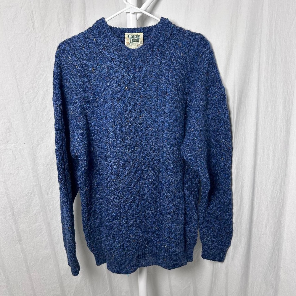 CARRIG DONN Aran Wool Sweater Blue Cable Knit Made in Ireland 100%